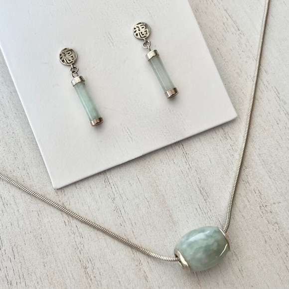 Green Jade 925 Sterling Silver Italy Barrel Slide Necklace Blessing Earring Set - Picture 2 of 10